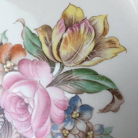 Edwin M Knowles Serving Dish Pink Yellow Floral Flower Tray Platter Plate USA - Picture 7 of 12